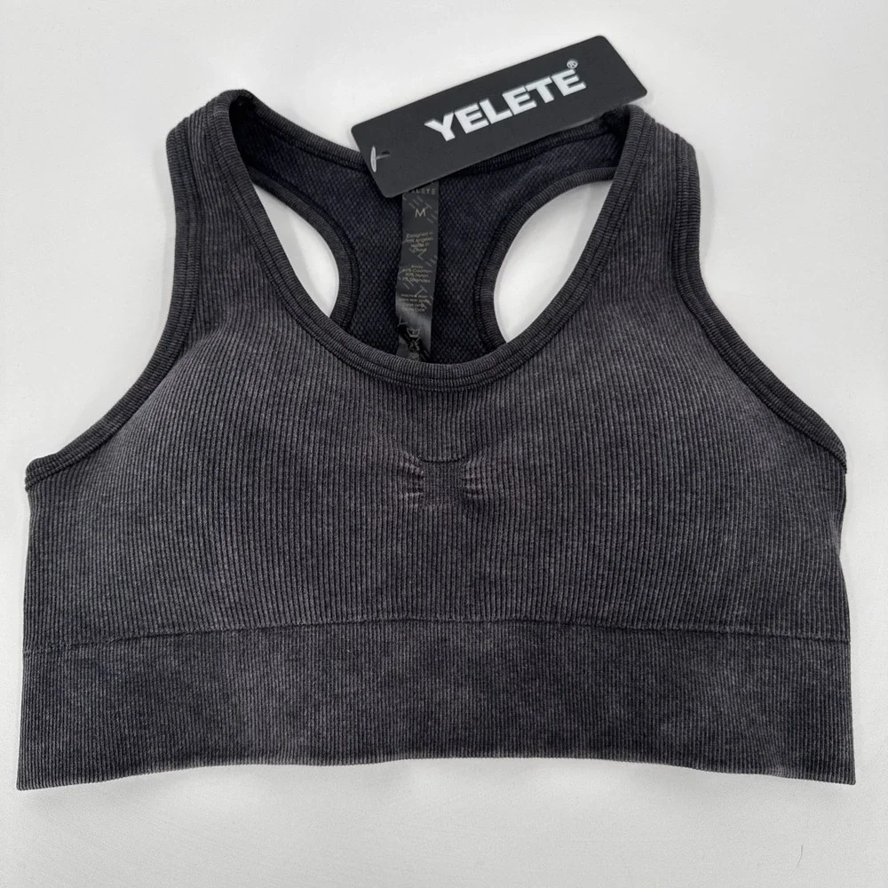 Yelete Ribbed Charcoal Sports Bra Racerback Padded Women's Size‎ M NEW